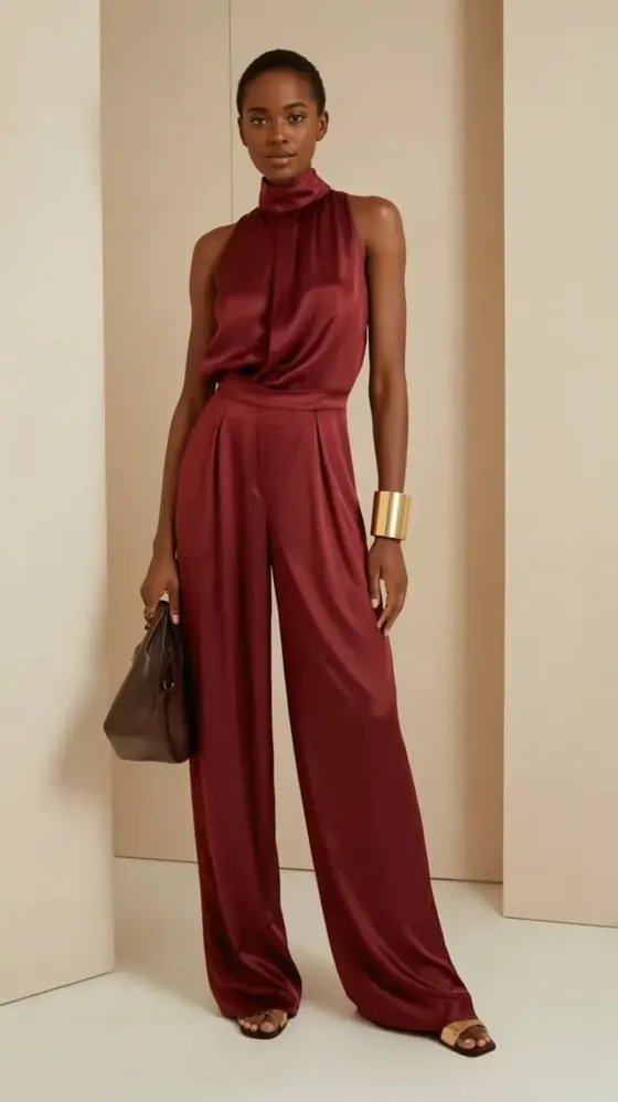 Look feminino: macacão vinho acetinado de gola frente-única, com bracelete dourado