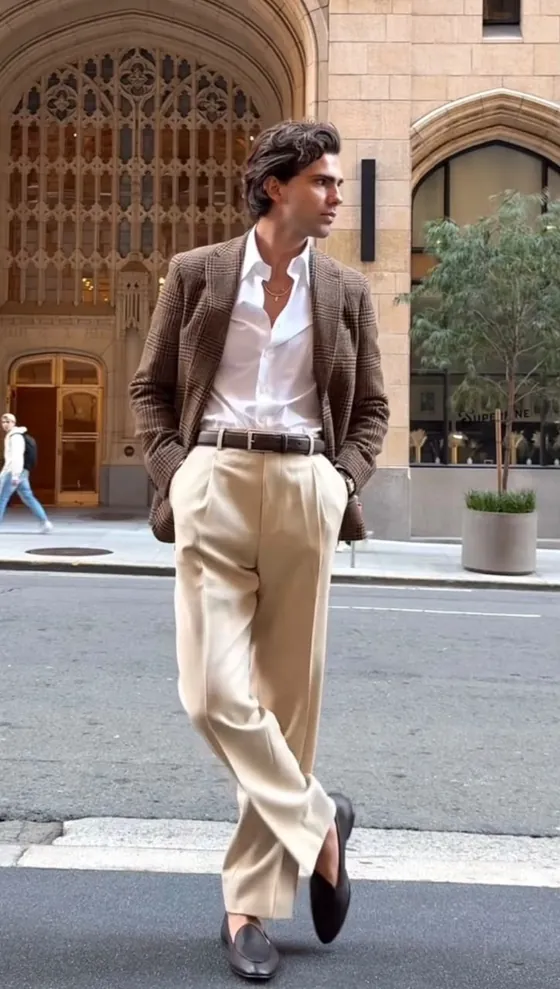 Look masculino: blazer de linho marrom sobre camisa branca e calça bege