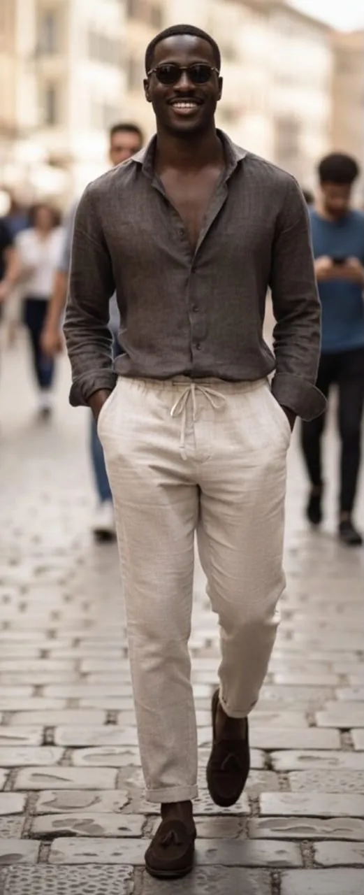 Look masculino: camisa de linho em tom taupe e calça off-white