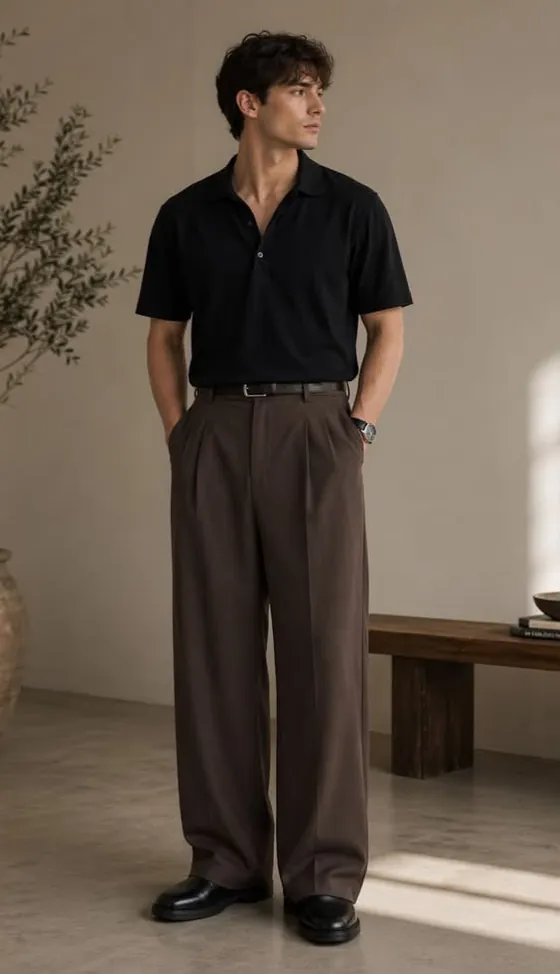 Look masculino: polo preto de manga curta e calça de alfaiataria marrom